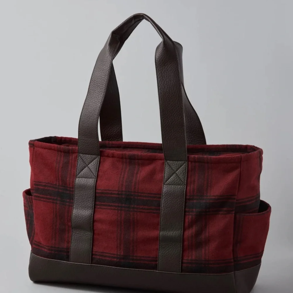 American Eagle Outfitters Red Plaid Duffel Tote with Brown Trim new